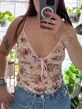 Princess Polly Pink Floral Lace Trim Cami